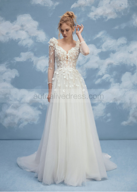 Beaded Ivory 3D Lace Tulle V Back Modern Wedding Dress